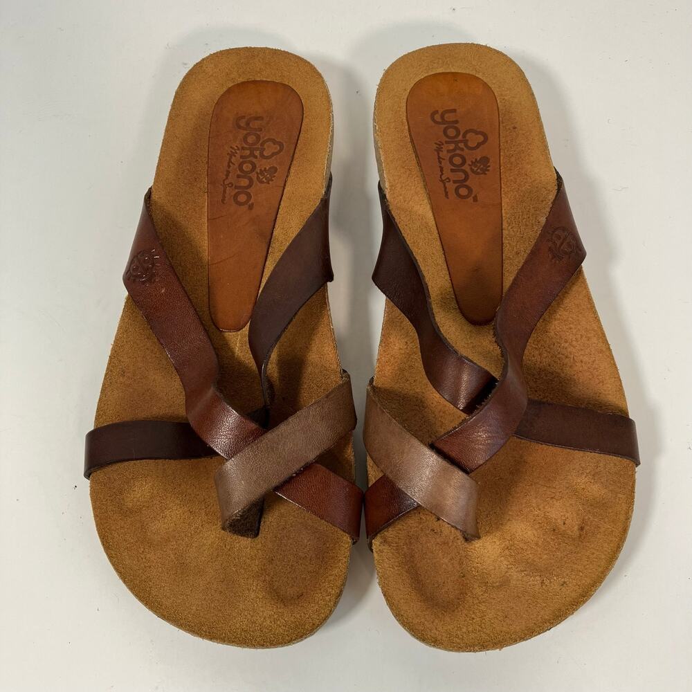 Yokono Sz 6 Brown Leather Comfort Sandals Toe Ring Cross Strap - Picture 9 of 16